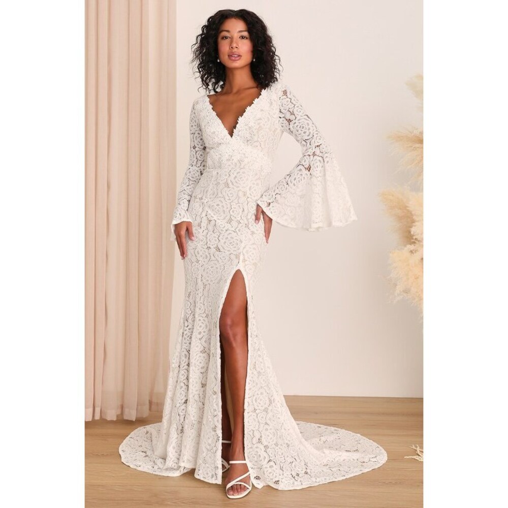 Lulus Duchess Ivory Lace Bell Sleeve Maxi Dress White - Size XXS
